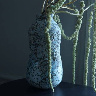 Speckled blue vase with plant against a dark background
