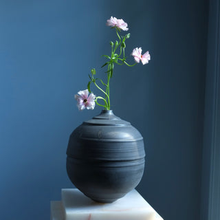 Black ceramic vase with flowers against a dark blue background